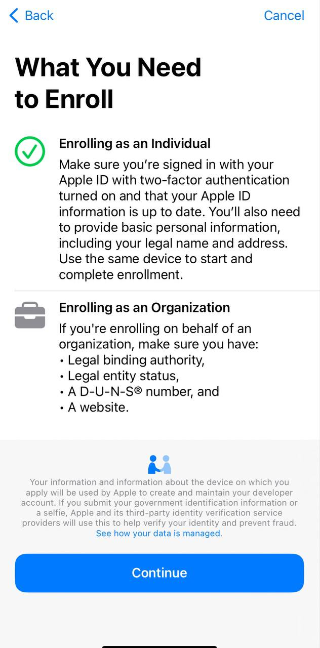 Регистрация разработчика приложений в Apple Developer Program